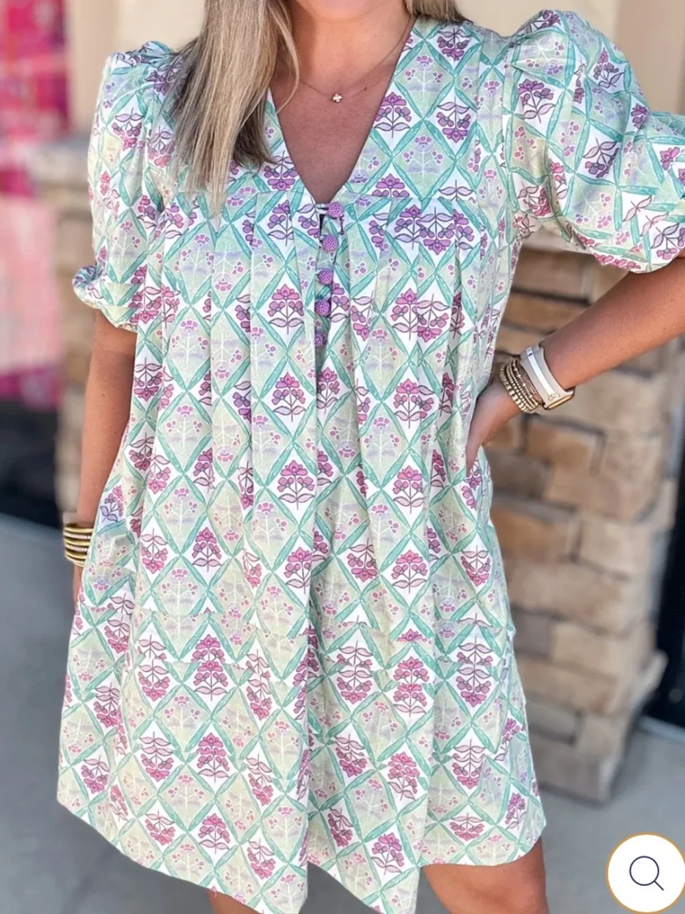 Karlie Paris print Mint & Pink Diamond-Print Puff-Sleeve Tunic Dress
